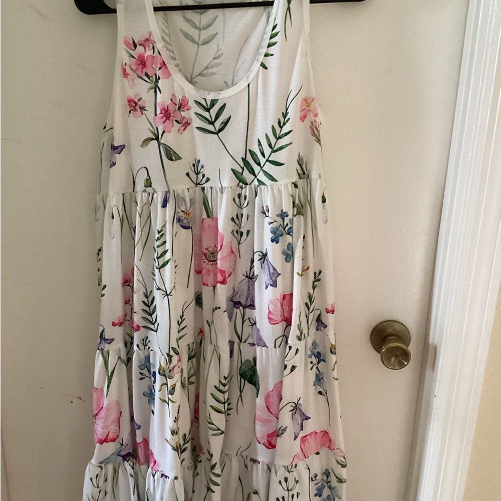 Floral Tiered Sleeveless Maxi Dress - White with Pink & Green Floral Print